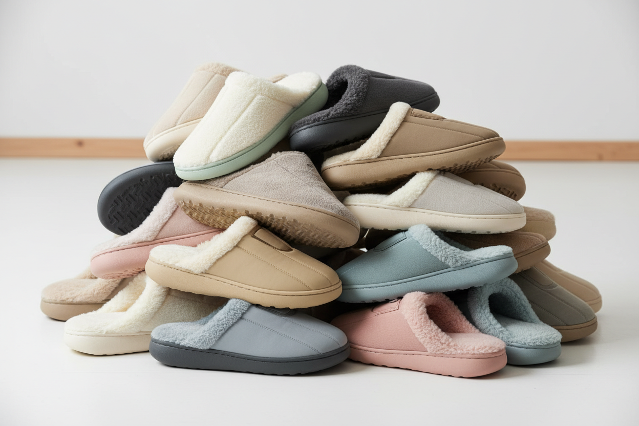a bunch of comfy slippers for both outdoor and indoor use in a pile